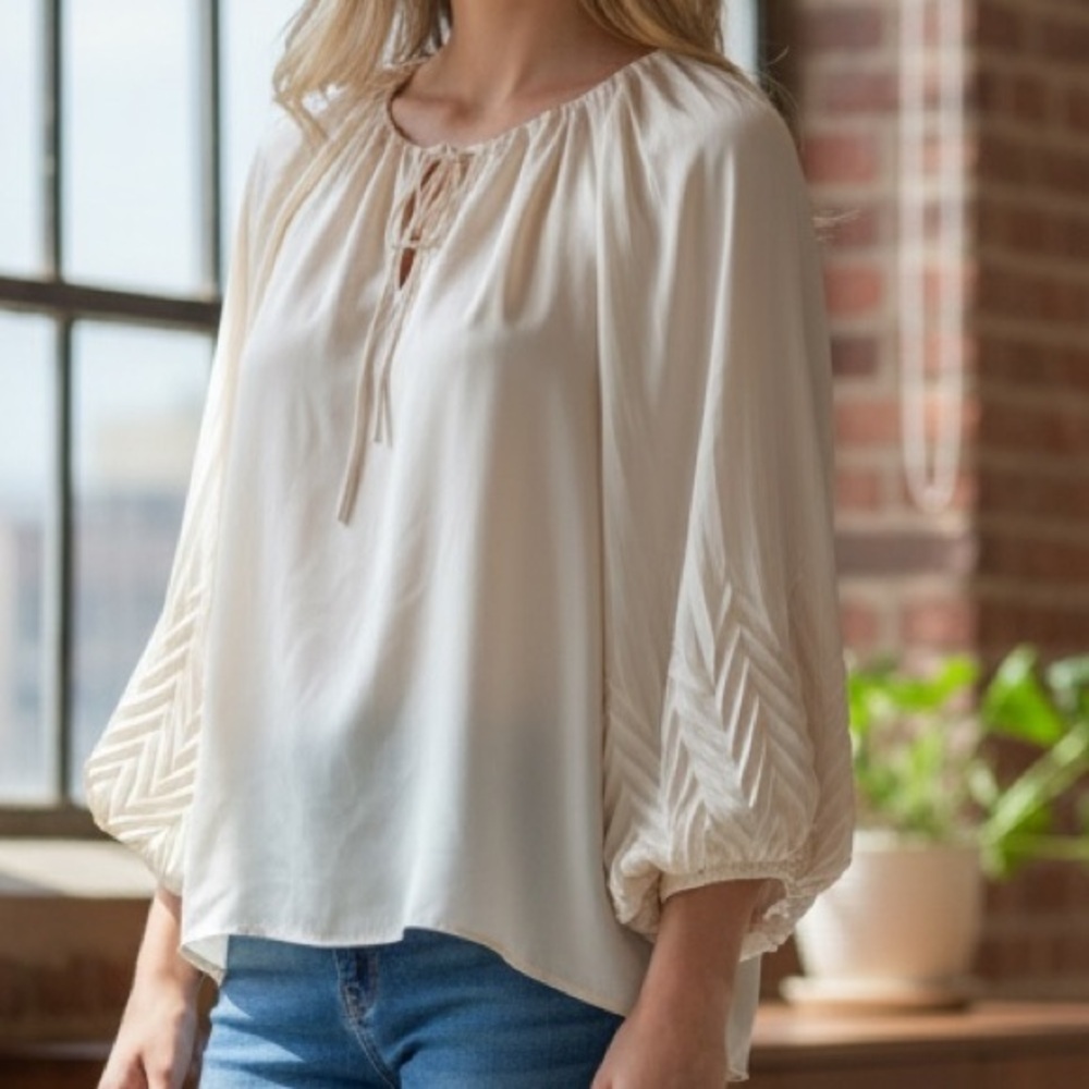 Jason Wu Cream Satin Blouse with Textured Sleeves